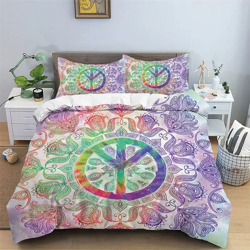 Peace Symbol Duvet Cover Hippie Psychedelic Camper Van Peace Sign Bedding Set Microfiber Boho Mandala Comforter Cover King Size