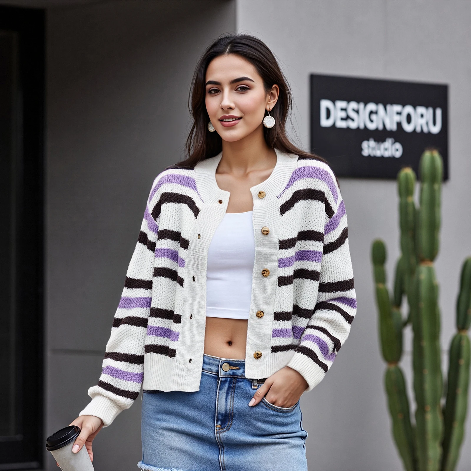 

Women Autumn Vintage Contrast Striped Crop Cardigan Crew Neck Long Sleeve Button-up Knitted Sweaters Casual Tops Clothes
