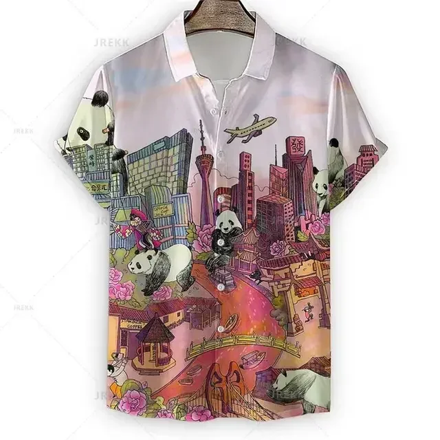 Camisa con estampado de Panda gigante en 3D para hombre, Top de solapa informal, Top de manga corta diario, ropa informal para mujer, Verano