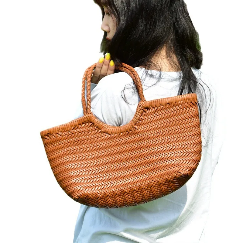 Vintage Luxury Cowhide Woven Tote Bag Large Capacity Genuine Leather Casual Vegetable Basket Bag with Inside Purse Shoulder Bag