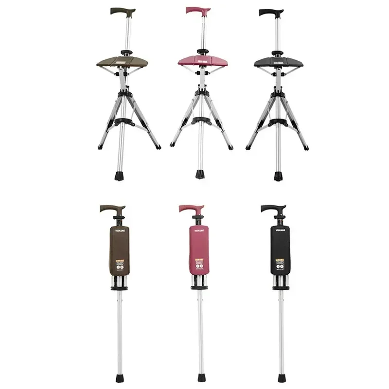 

One Key Foldable Crutch Chair Elderly Hiking Pole Walker Multi-functional Non-slip Walking Stick with Seat Can Sit Crutches