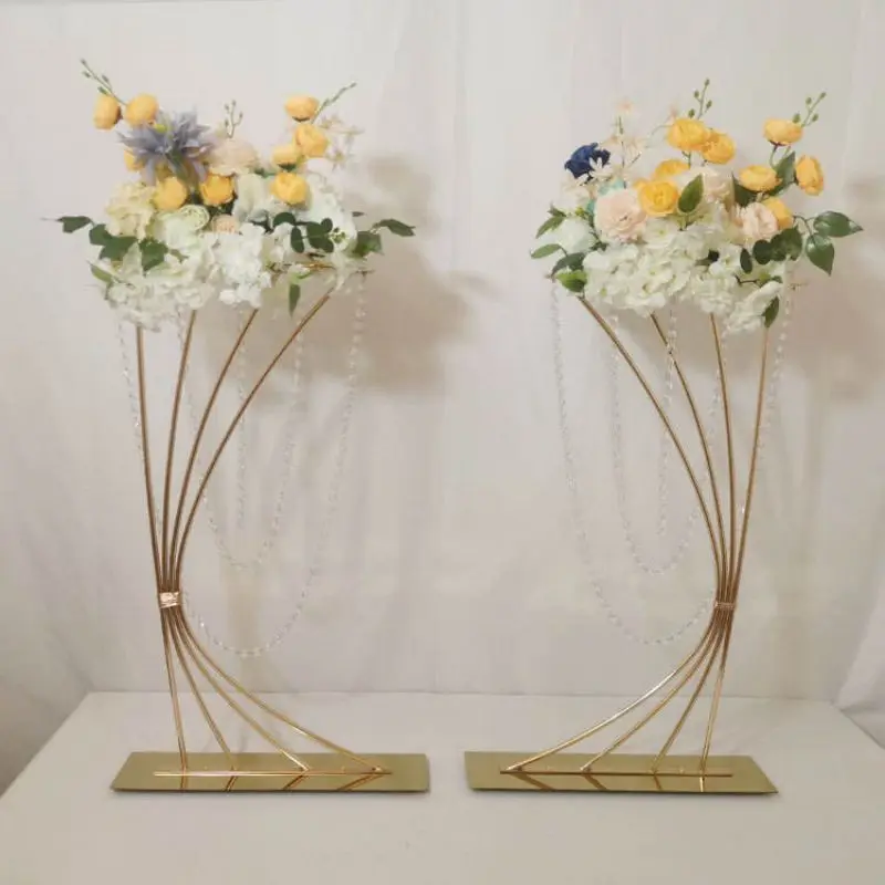 Geometric Half-Moon Crystal Flower Display Stand Gold Metal for Wedding Hotel Birthday Party Centerpiece Decoration