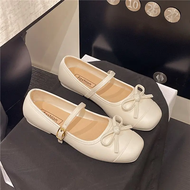 2026 New French Elegant Single Shoes Women's Mary Jane Shoes Gentle Fairy Style Butterfly Knot Flat Bottom Shoes Round Head PVC
