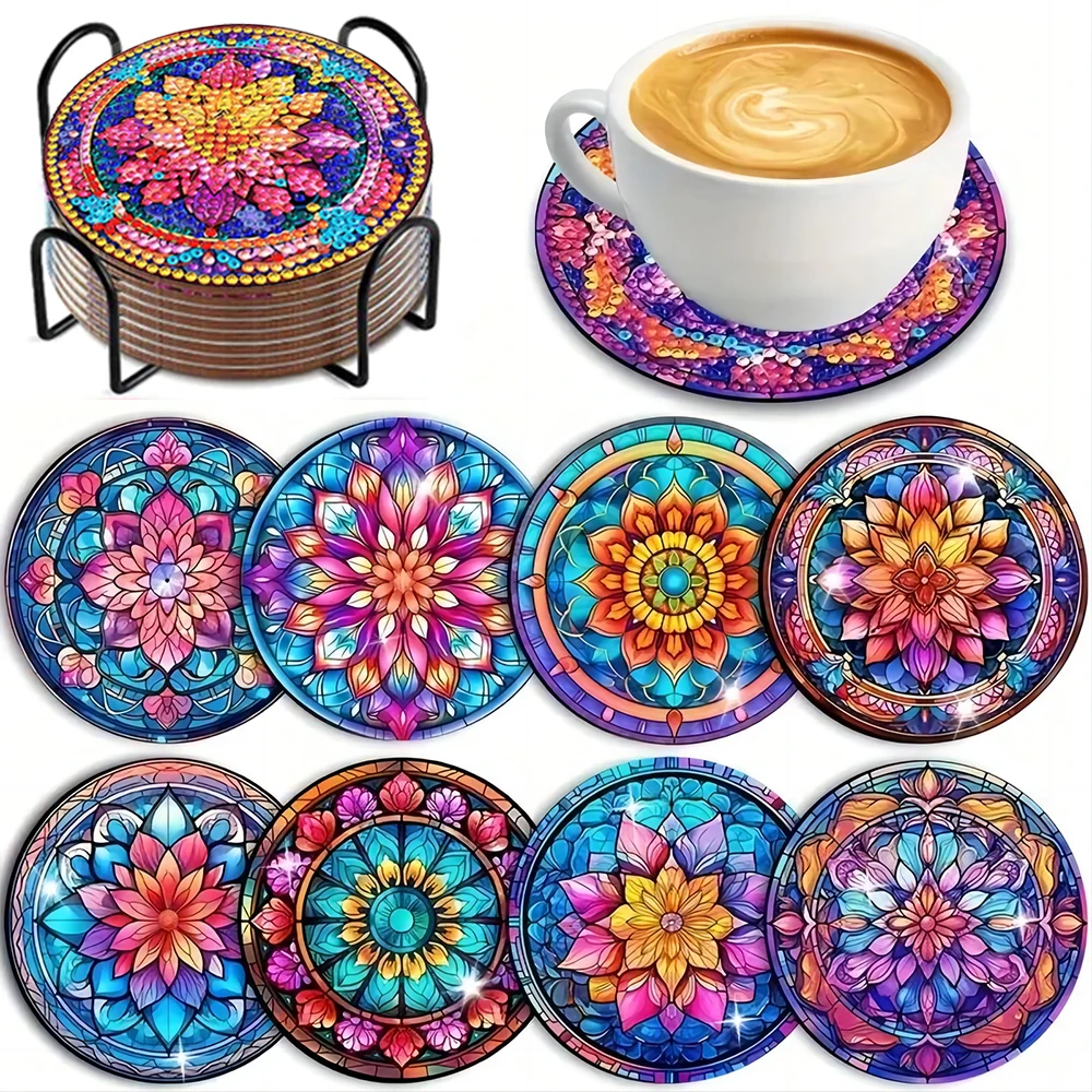 8-piece set with bracket diamond painting set, creative floral themed coaster set, sparkling diamond art wooden mosaic craft se