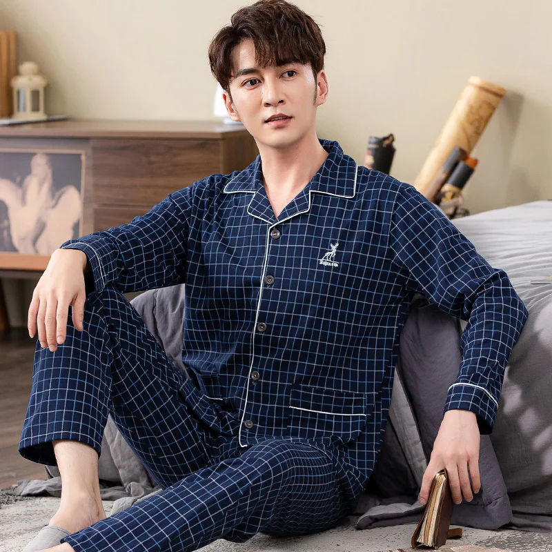 Lente Plaid Mannen Nachtkleding Suits Katoen Man Pyjama Lange Mouwen Turn-Down Kraag Vest Plus Size L-4XL Mannelijke Lounge homewear