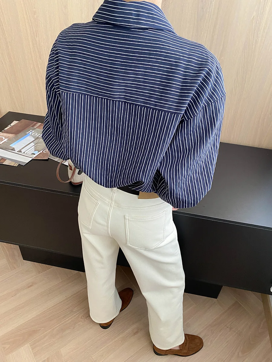 Camisa francesa preguiçosa retrô contrastante listrada lapela solta manga comprida