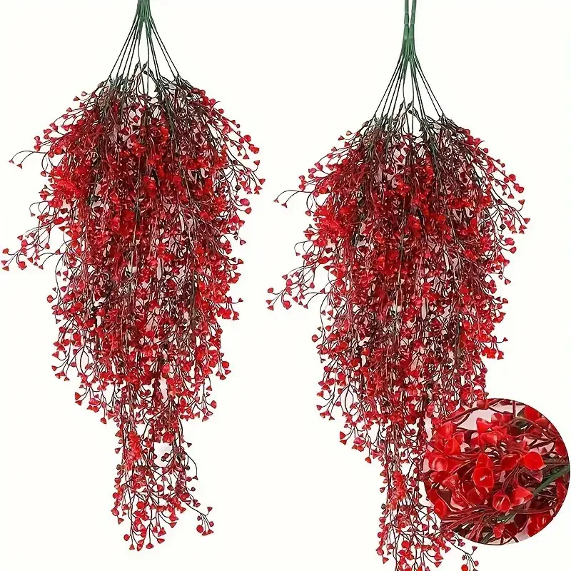 1 قطعة مجموعة إكليل الزهور الاصطناعية البونسيتة الحمراء الواقعية والجرس الذهبي الصفصاف الكرمة مع أوراق الشجر الخضراء اليدوية المظهر واقعية #4