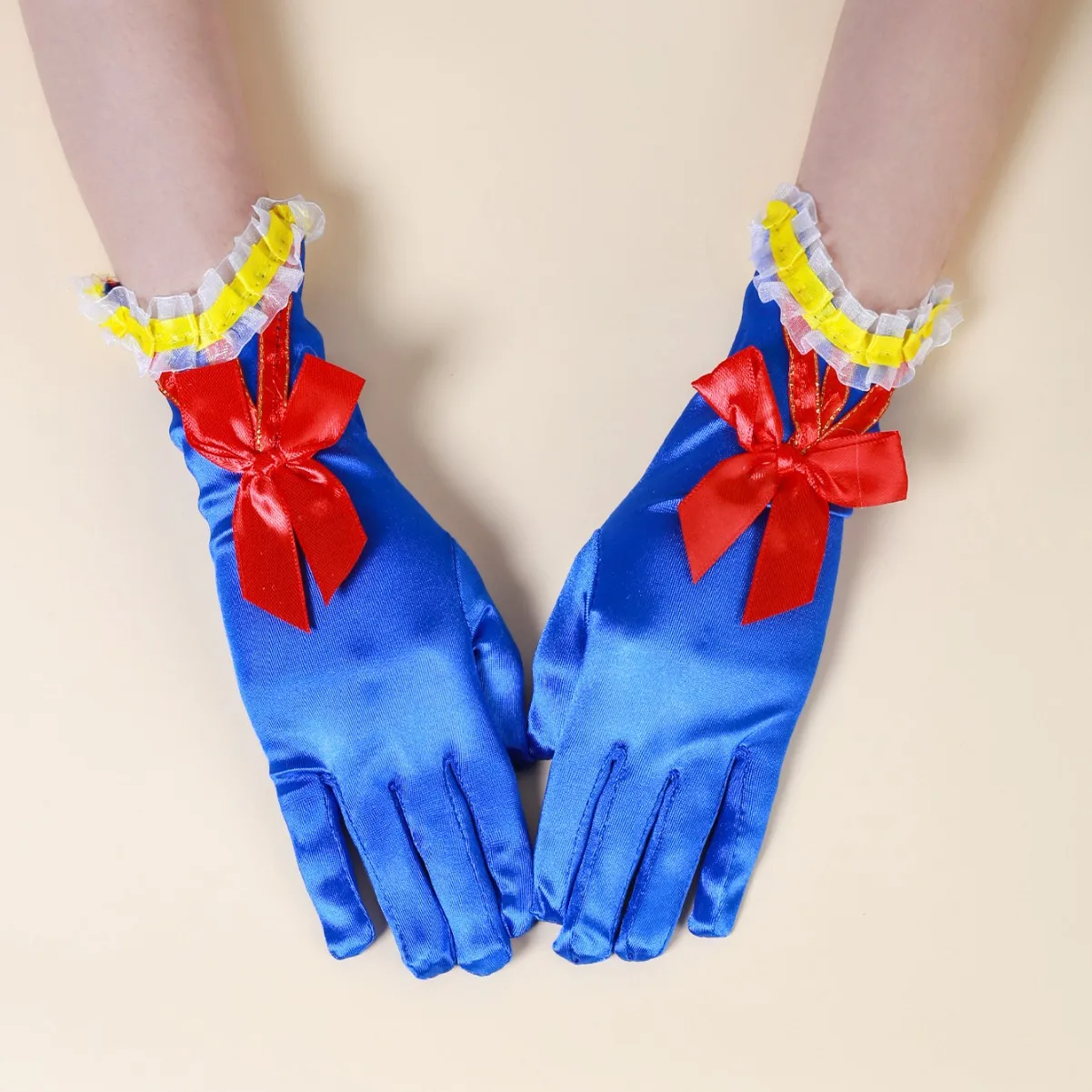 Prinzessin Mädchen Schneewittchen Cosplay Handschuhe für Kinder Königliche Spitzenhandschuhe mit roter Schleife Hochzeit Bühne Geburtstag Dress up Zubehör