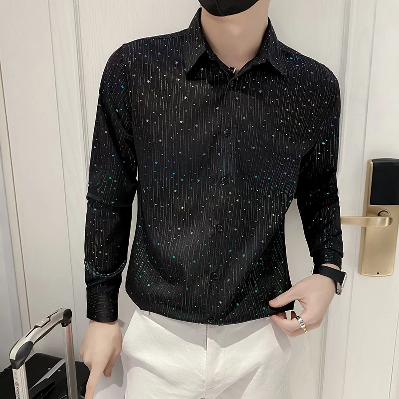 

Color Rhinestone Men's Shirt Slim Streetwear Casual 2024 Autumn Fashion Social Party Nightclub Stage Singer Men Clothing