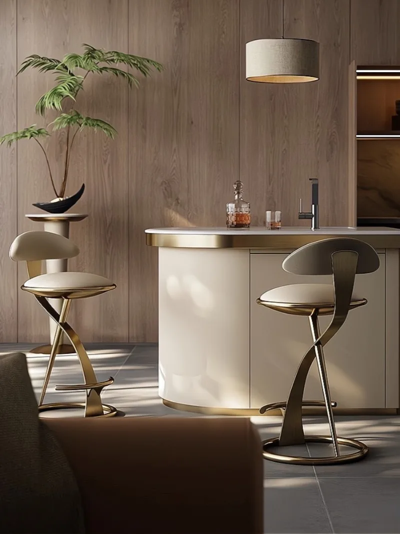 Italian style checkout page light luxury stainless steel bar chair villa Internet celebrity pulley leather chair front high stoo