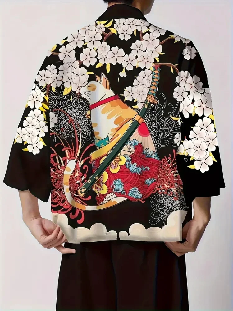 แฟชั่นผู้ชาย ชุดกิโมโนฤดูร้อนสไตล์ญี่ปุ่น ลายมังกร พิมพ์ลาย 3 มิติ เสื้อคลุมกิโมโนแบบดั้งเดิม สไตล์สตรีทเทรนด์ แขนสั้นสำหรับผู้ชาย