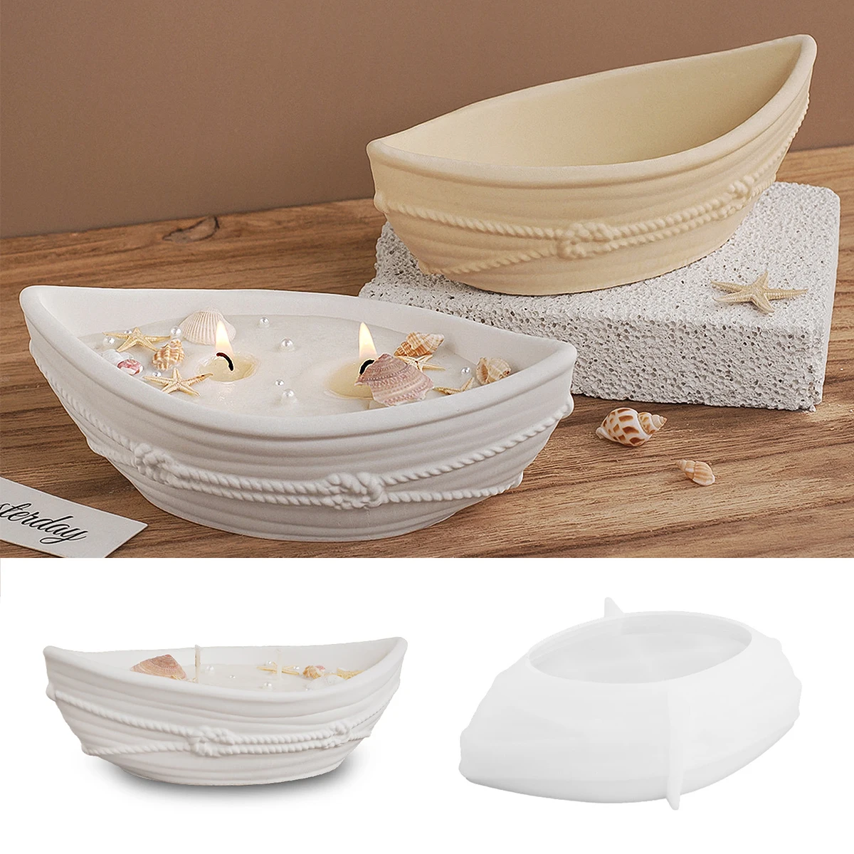 תבנית סיליקון לסירת נר בטון DIY עם חבל 3D, פסים משי, מגש אחסון ספינה, עציץ פרחים, כוס נר, תבנית רזין לעיצוב הבית