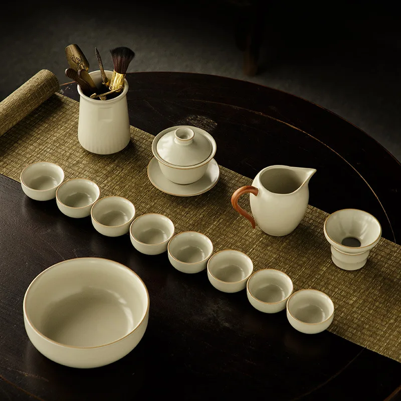 Simple Retro Beige Ru Kiln Kung Fu Tea Set Ceramic Teacups Home Office Gift Set with 6/8pcs Cups Home Gift