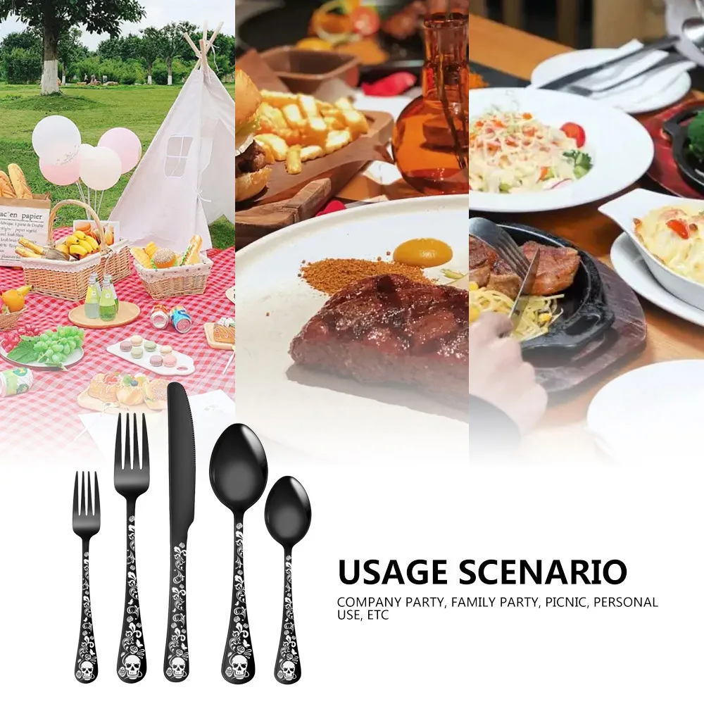 New 5pcs Halloween Tableware Sets Creative Skull Pattern Knife And Fork Set Stainless Steel Tablewares For Halloween Home  Party