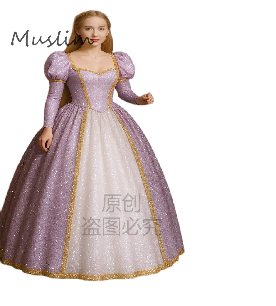 Vestido de noche de lentejuelas de Cenicienta púrpura brillante 2026 disfraz de películas de manga larga vestido de fiesta impresionante Cosplay Formal renacentista