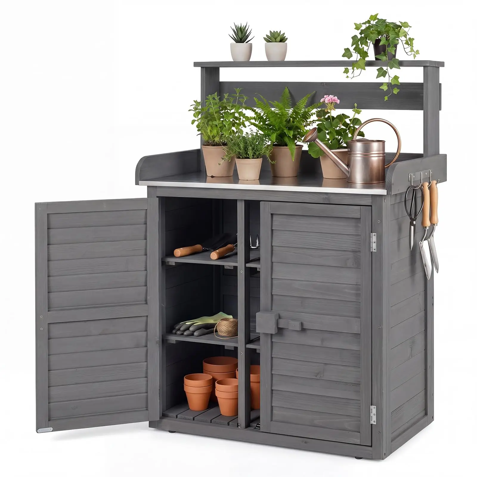 Garden Potting Bench Table with Stainless Steel Tabletop