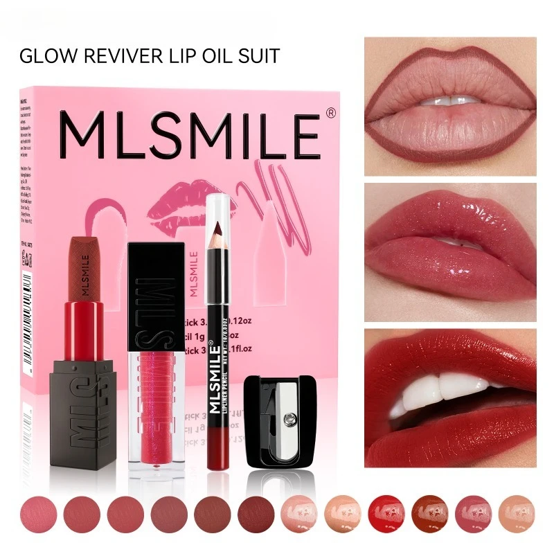 Kit de maquillaje de labios mate aterciopelado, juego todo en uno con sacapuntas de delineador de labios, bálsamo teñido con manchas de labios brillantes, uso completo en el día, esencial de viaje