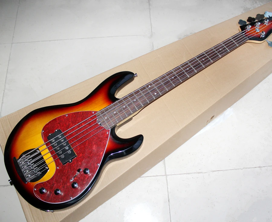 Flyoung 5 Strings Glossy Electric Bass Guitar with Red Pearl Pickguard,Humbucker Pickups,Offer Customize