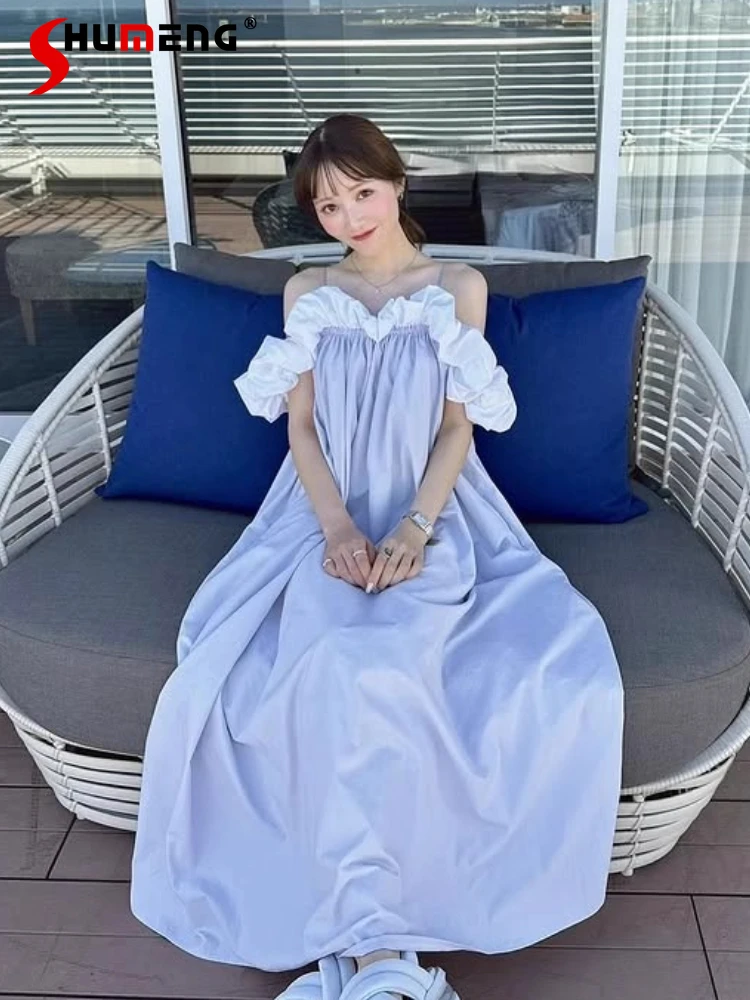 

Japanese Style Elegant Fashion Off-Shoulder Puff Sleeve Ruffles Spliced Loose A-Line Temperament Casual Long Dress Women Summer