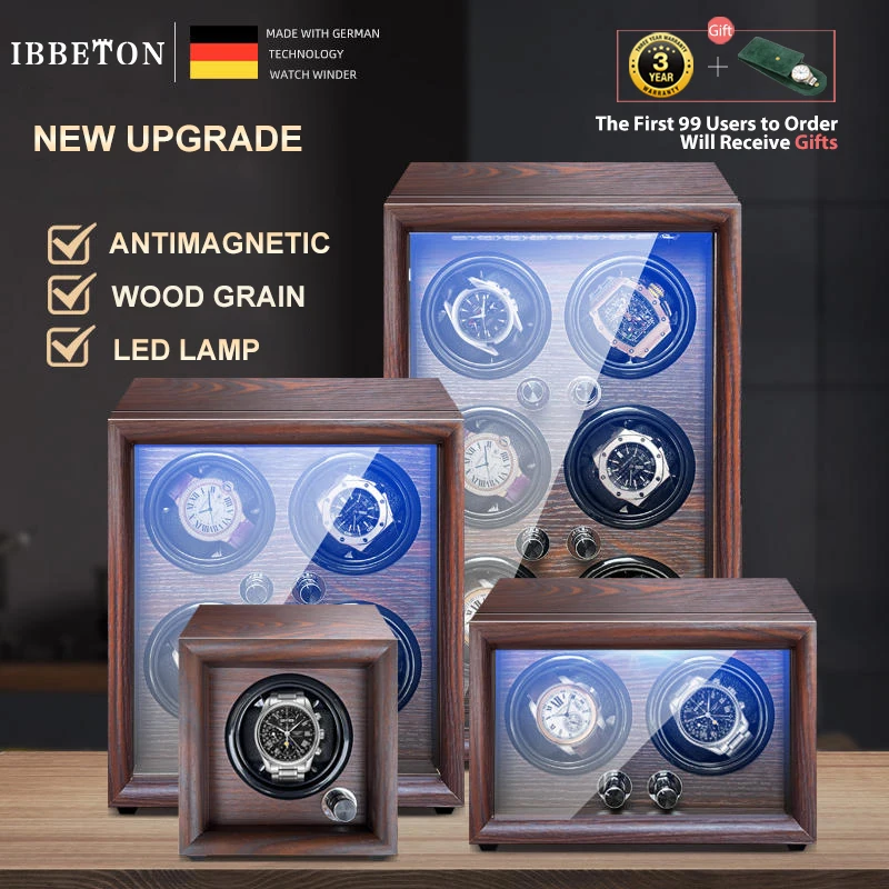 IBBETON Brand Mechanical Automatic Watch Winder Luxury Wood Watch Box with LED Light and Lid Sensor Watches Storage Safe Box