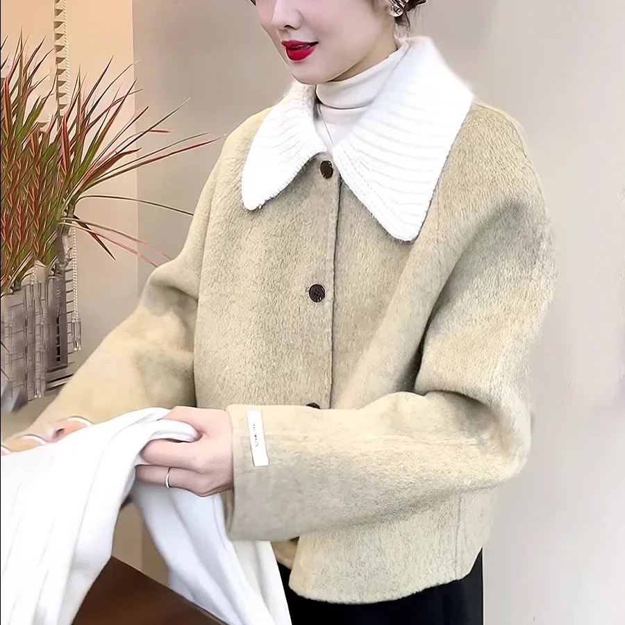 

Knitted Collar Woolen Coat Women's 2024 Winter New Style Small Fragrant Short Woolen Coat wool coat women