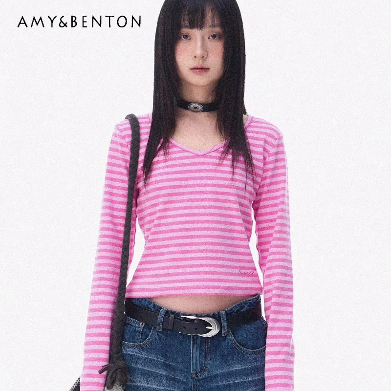 

Retro Design Striped Large Neckline Stretch Women's T-shirt 2026 Spring Summer Fashion V-neck Versatile Slimming T-shirts Ladies