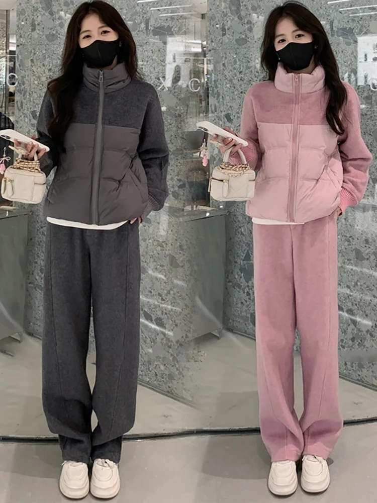 

Women's Casual Woolen Sports Suit Warmth Wide Leg Pants Two-Piece Set Autumn Winter New Arrival Loose Fit down Jaet