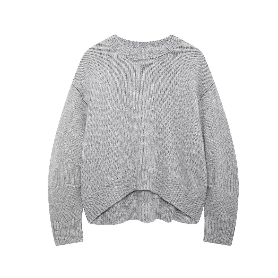 Tangada 2024 Women Gray Thick Knitted Sweater Pleated Long Sleeve Female Oversized Pullovers BE0523