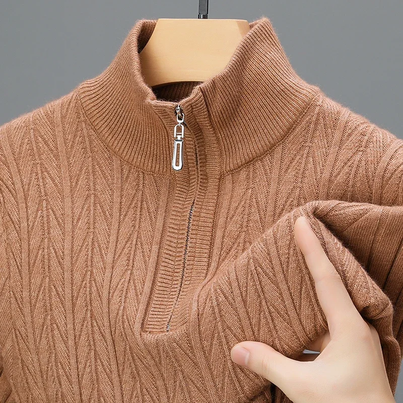 Men's Autumn and Winter Half High Neck Zipper Thick Solid Color Sweater Casual with Warm Knit Sweater Base Shirt