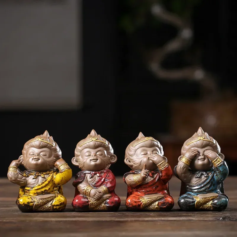 Ceramic 4 piece set Monkey King Statue Painted Art Craft  Home living room bedroom decorations gift collection