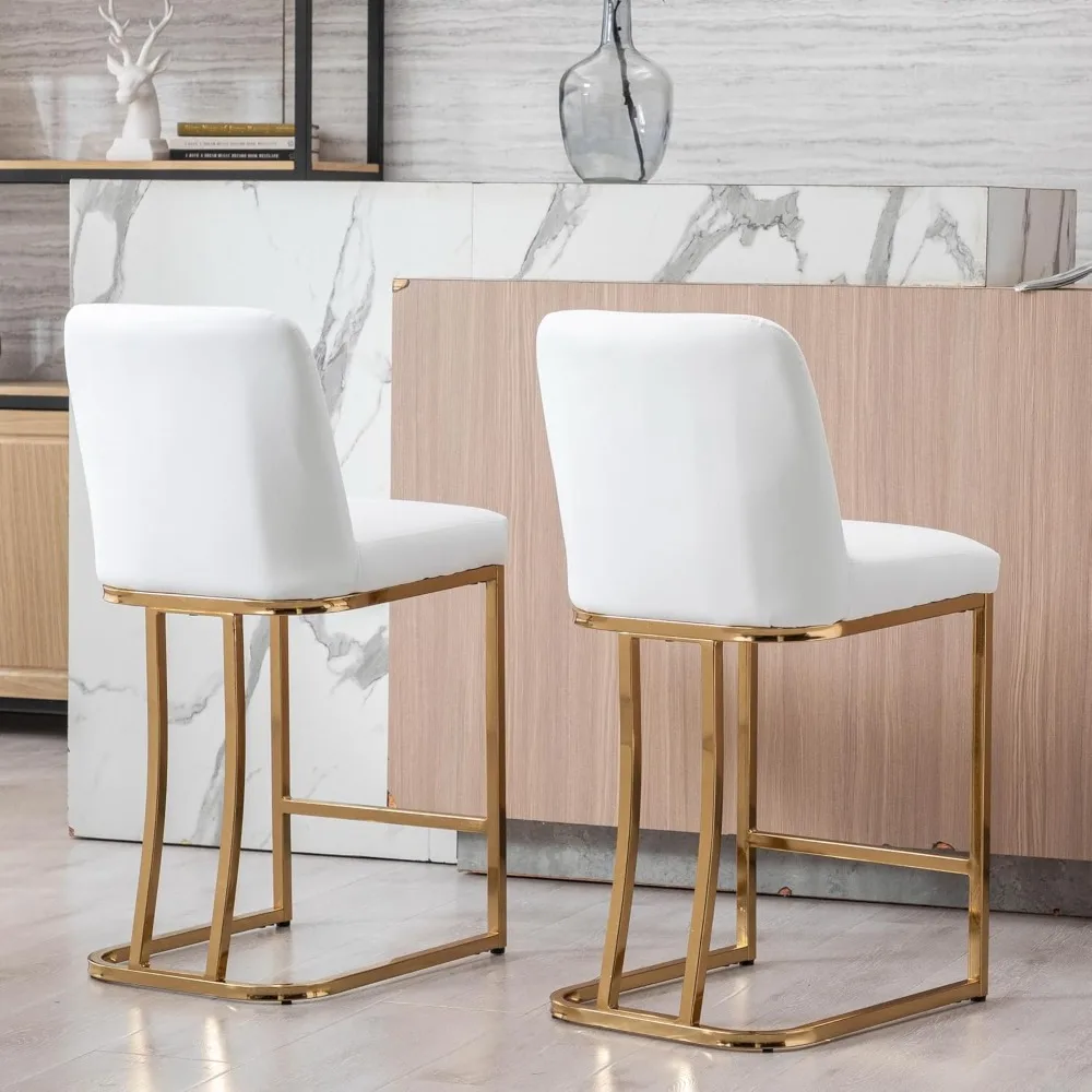 Bar Stools Set of 2 Leather Counter Stools with Gold Legs, 24"  White Island Chairs Upholstered Kitchen Bar Chairs with Back for