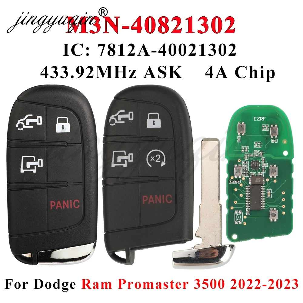 jingyuqin Smart Remote Car Key Fob For Dodge Ram Promaster 1500 2500 3500 2022 2023 433MHz FSK ID4A Chip M3N-40821302 Keyless