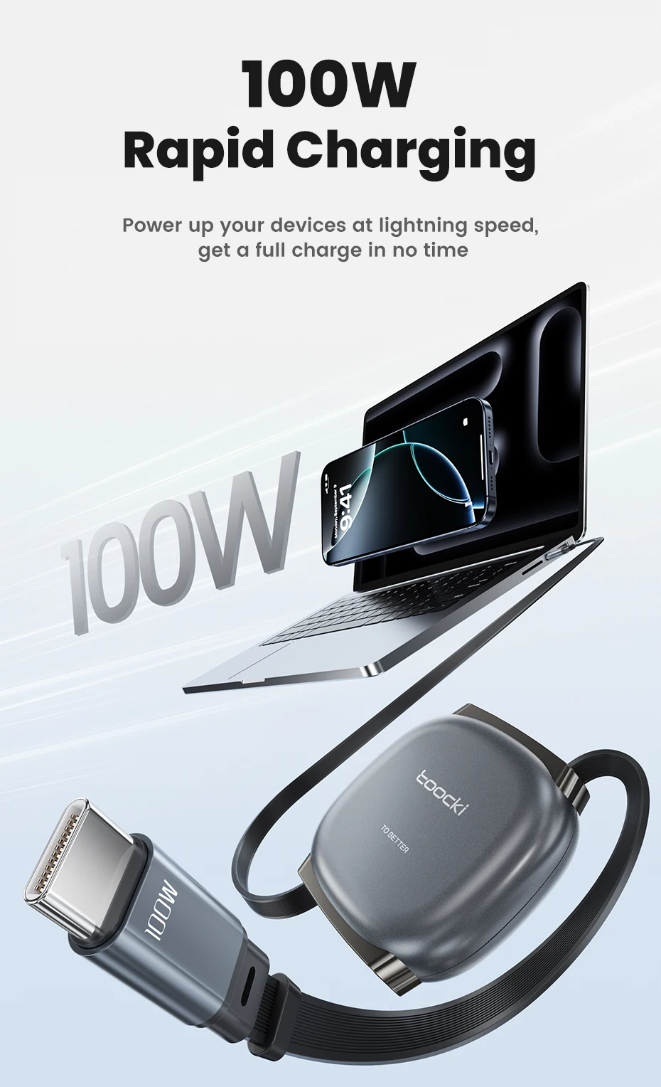 Toocki 5/10 Stück 100W Einziehbares USB-C-Kabel TPE Flach Automatisch Aufrollbar Einstellbares Schnellladekabel Typ C zu C für iPhone Samsung – Detail 3