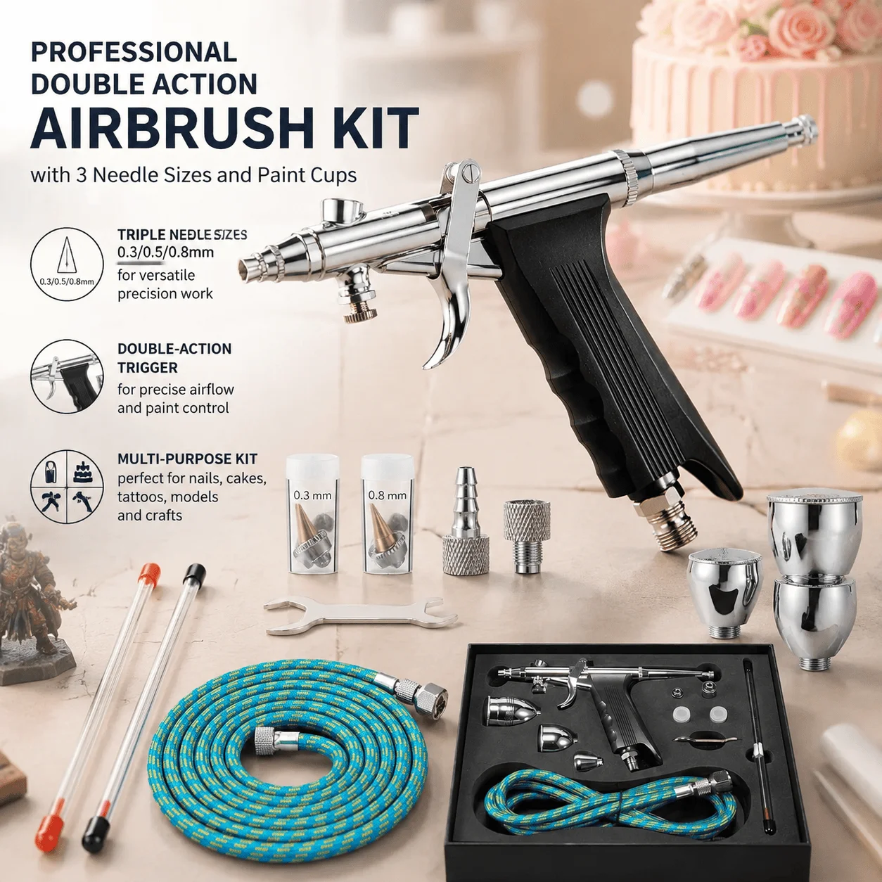 Professional Airbrush Kit Double Action Airbrush Gun With Triple Needle Sizes Portable Storage Box Three Cup Capacities For Nail Art Cake Decorating Model Painting Body Tattoo Face Makeup DIY Hobby Craft Multi Purpose Spray Pen Tool Set With Accessories