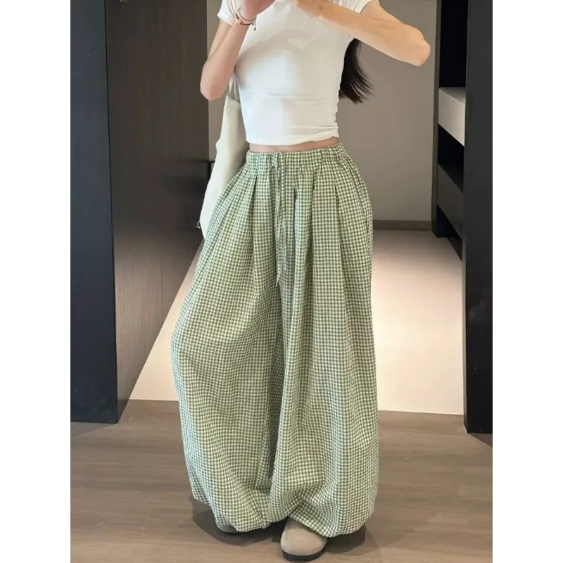 Women Sleep Pants Plaid Print Elastic Waist Long Wide Leg Casual Loungewear Home Wear Bottoms Autumn New Vintage Woman Pants