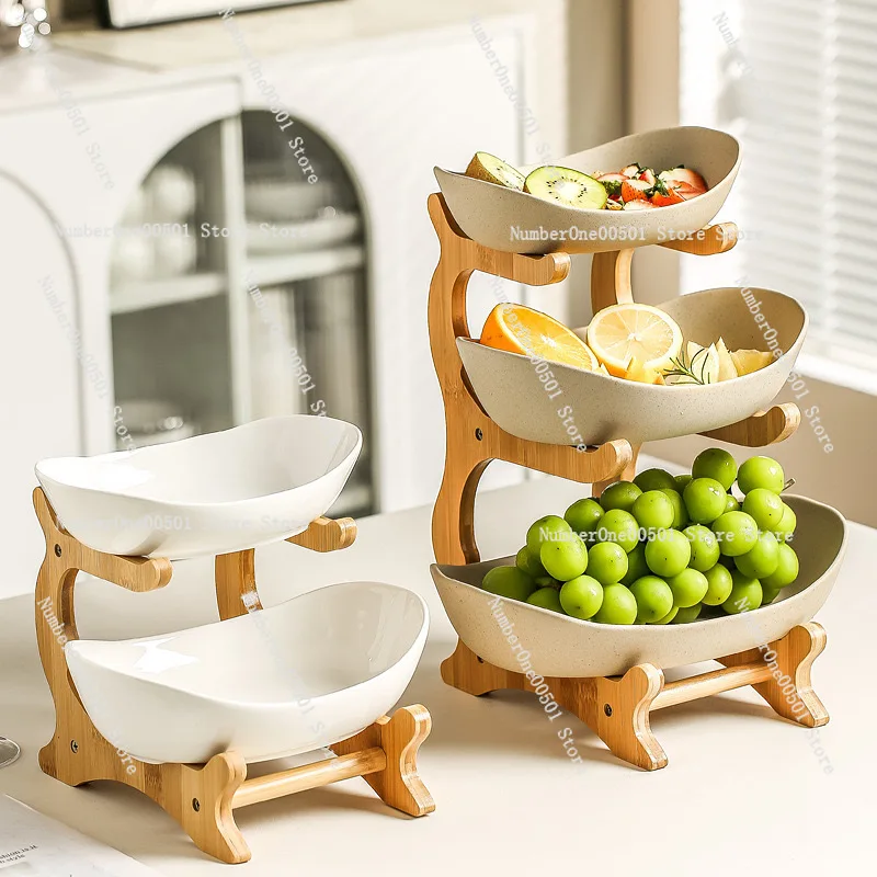 Creative three-layer multi-layer fruit tray European ceramic dried fruit tray bamboo frame household snack candy basket view 2
