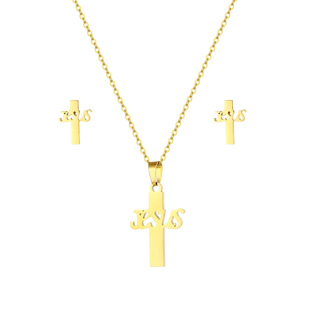 New Trendy Small Tiny Jesus Cross Pendant Earrings Set Female Gold Color Stainless Steel Prayer Necklace For Women Jewelry Sets