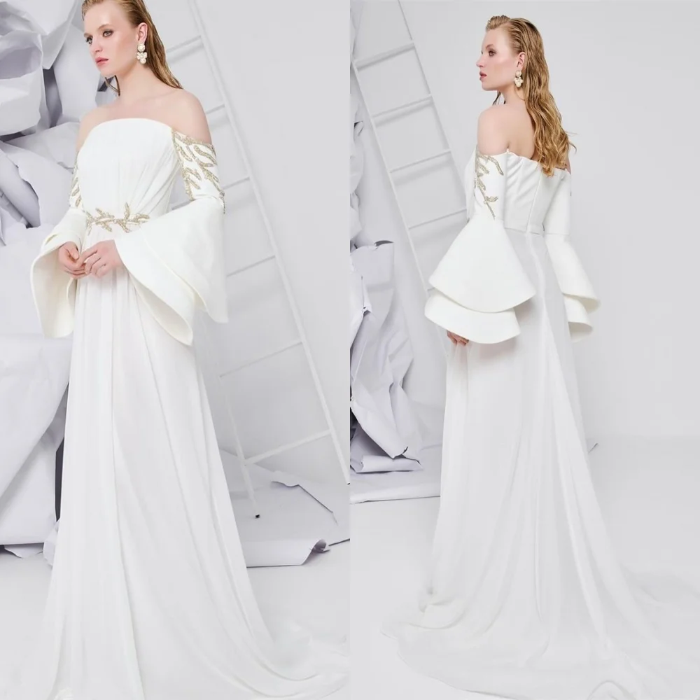 

Customized Exquisite White Jersey Evening Dress Classic Strapless Off the Shoulder Long Sleeves Zipper Back Homecoming Dress