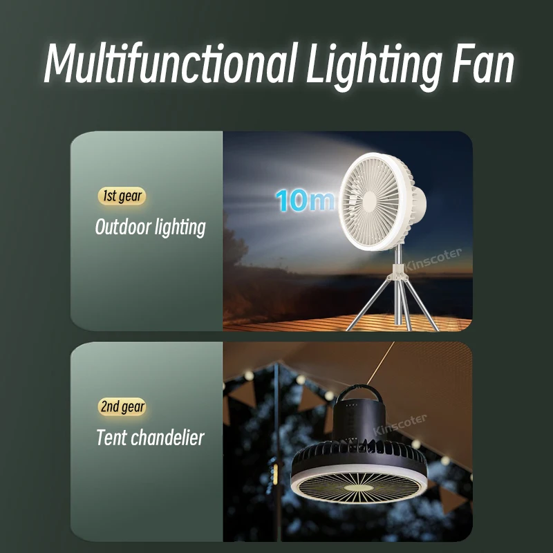 캠핑 선풍기 충전식 데스크탑 휴대용 공기 순환기 무선 천장 전기 선풍기, 보조배터리 LED 조명 삼각대 포함, 10000mAh