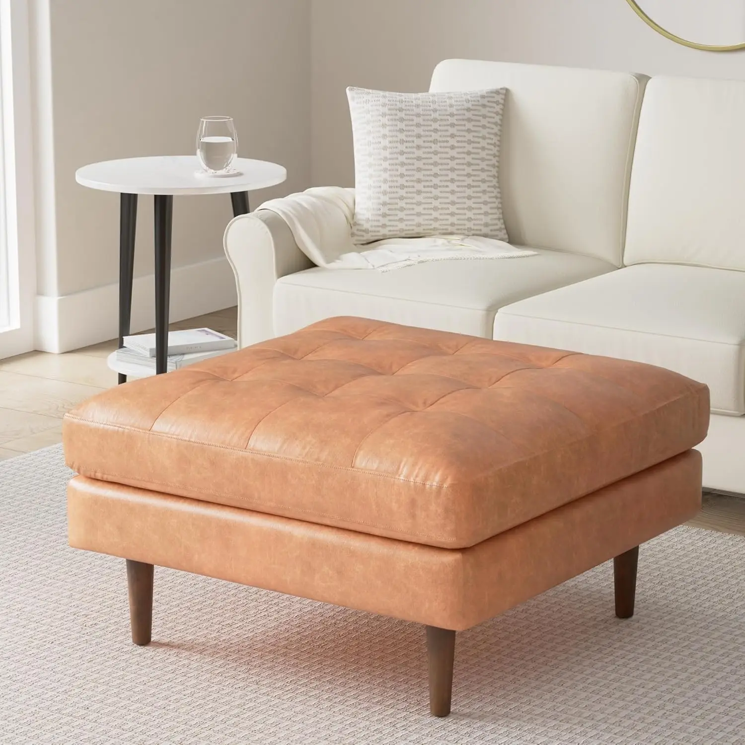 Napa Ottoman in Full-Grain Pure-Aniline Italian Leather, Cognac Tan