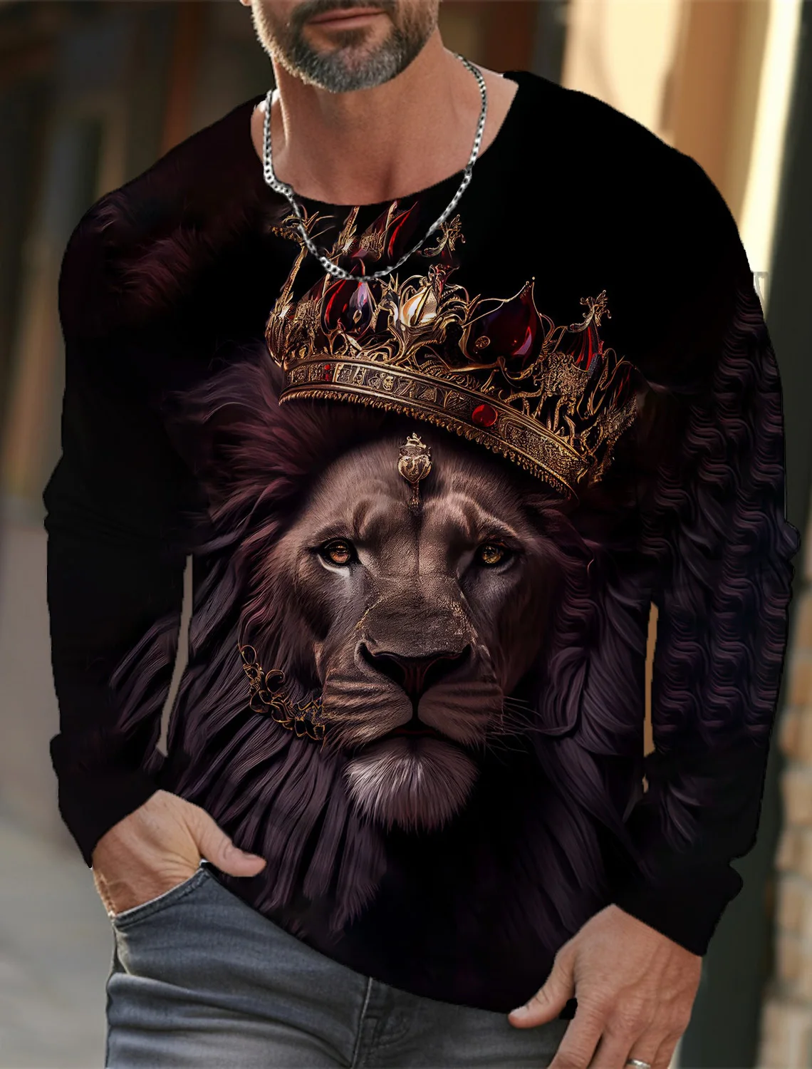 Vintage men\'s Long Sleeve t-shirt men\'s Casual Top Fashion trackwear Crown Aristocratic Lion Animal 3D Full Print Clothing