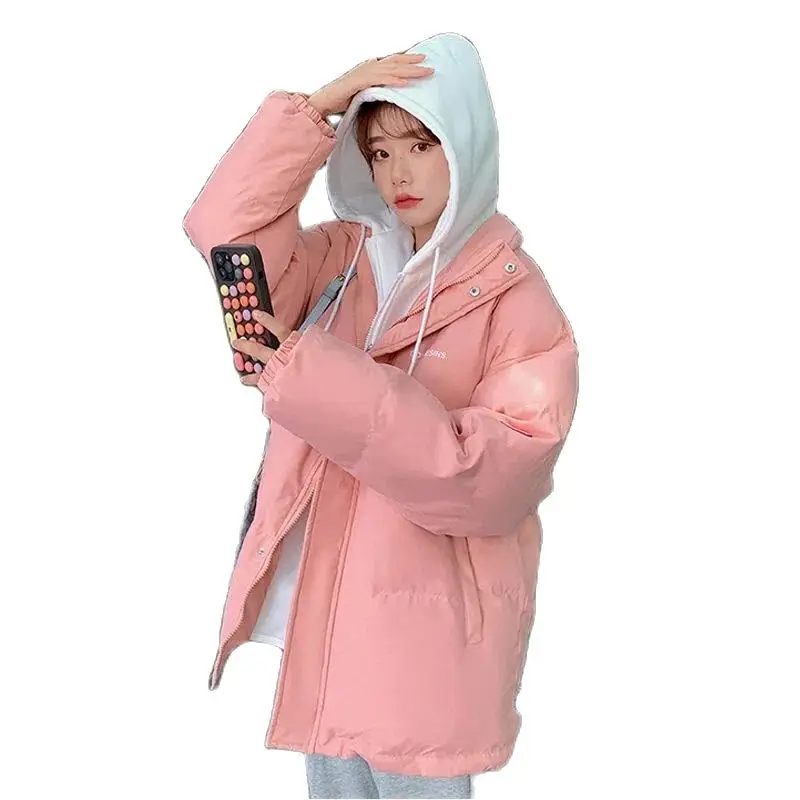 

Winter Female Coat Add Thick Down Cotton Outcoat Short Leisure Fake Two Pieces Hooded Loose Bread Clothes Outerwear Ladies Tops