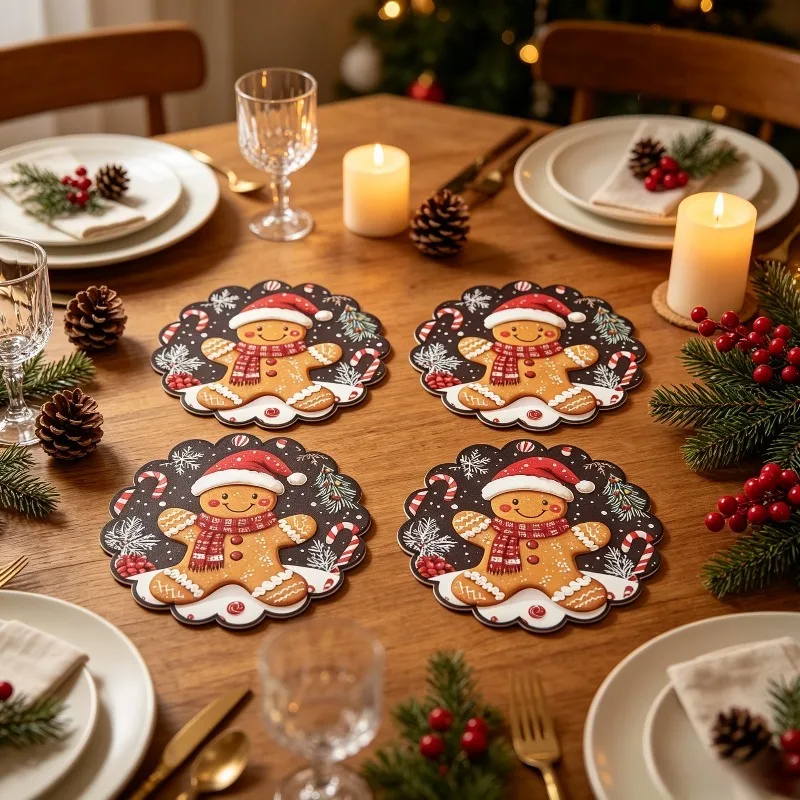VIKAMA Christmas Round Placemats Set of 4 Gingerbread Man Candy Cane Dinner Mats Snowflake Holiday Decor Heat Resistant Washable