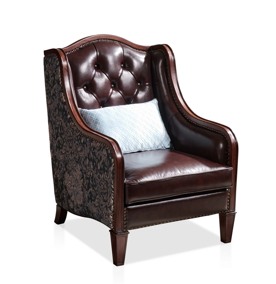 

vintage leather accent armchair with tufted backrest, solid wood frame, flared arms, classic upholstered single sofa chair