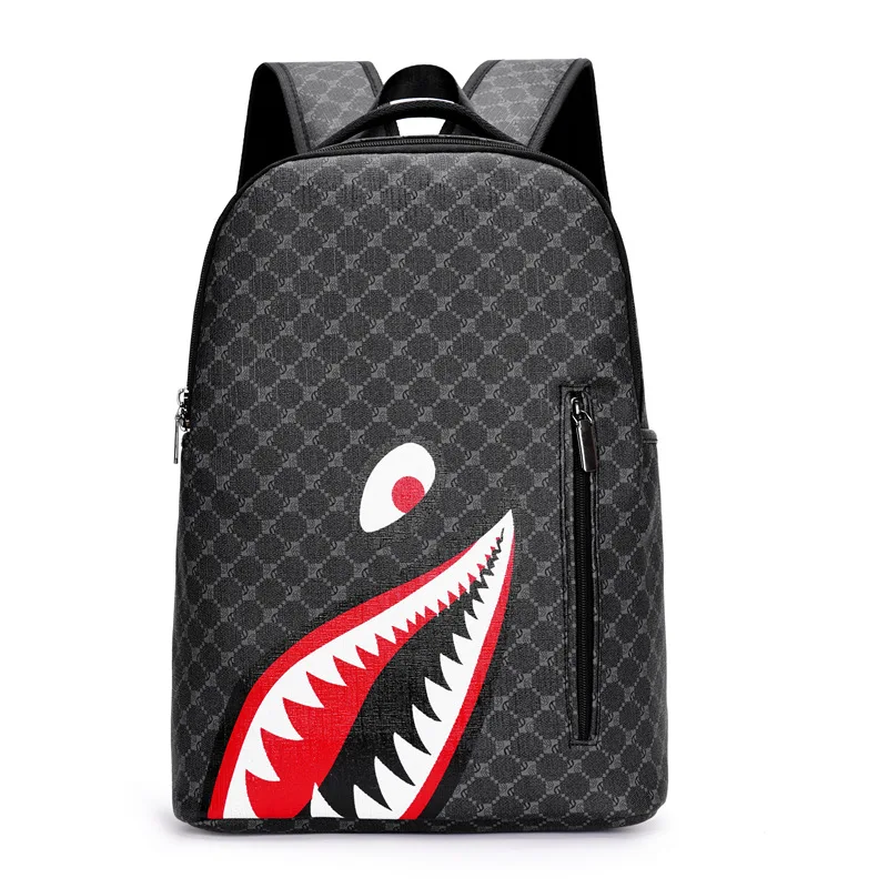 Men\'s backpack Simple personality big shark mouth plaid high school student college bag computer backpack pragmatic