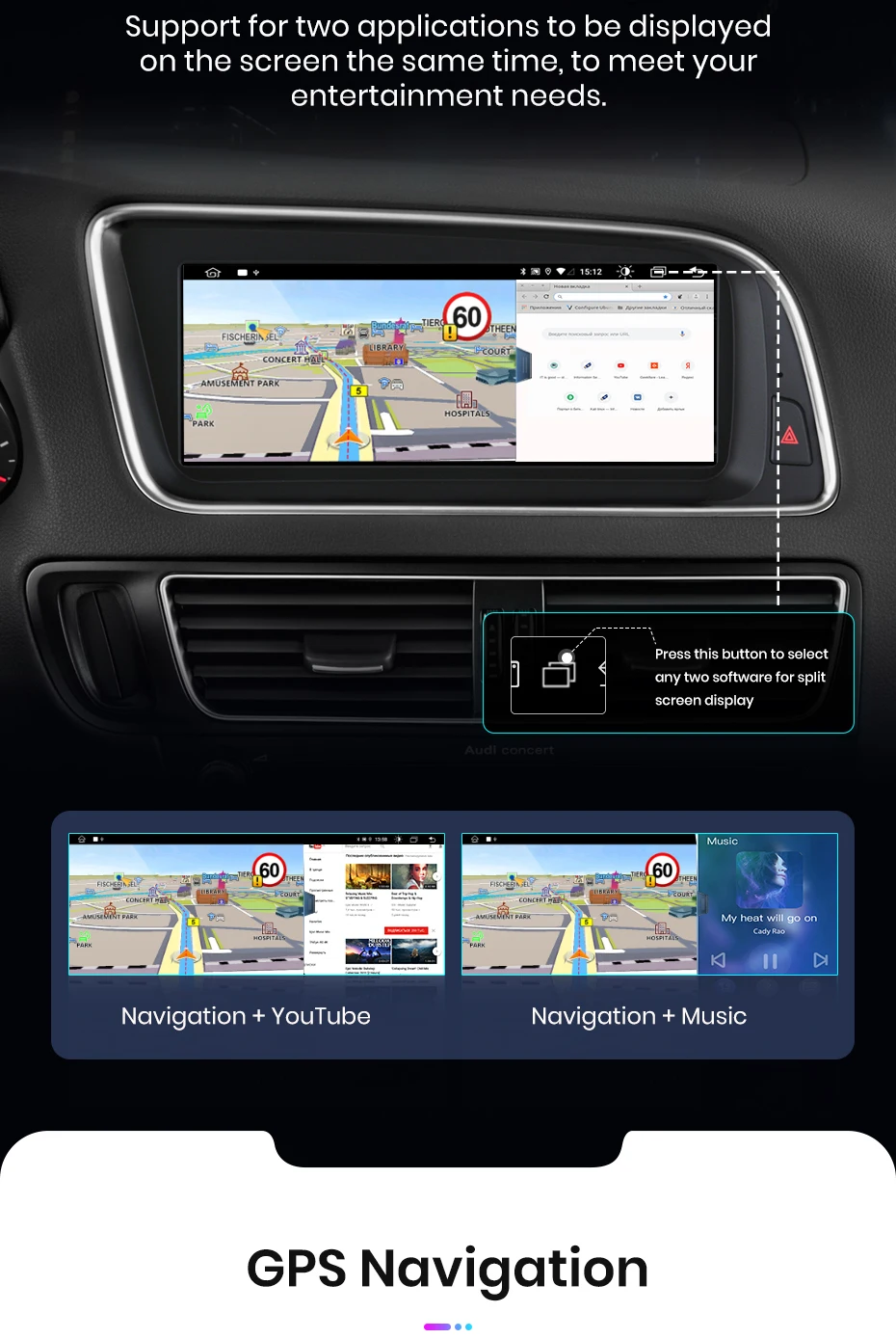 Junsun 8,8 Zoll Bluetooth Wireless CarPlay Android Auto Autoradio für Audi Q5 Q5L 2009-2016 GPS-Navigation 4G WiFi Multimedia-Stereoanlage – Detail 13