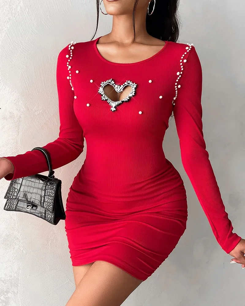 Dresses for Women New Diamond Pearl Hollow Heart Beaded Ribbed Bodycon Dress Knitted Puff Long Sleeve O-Neck Dress