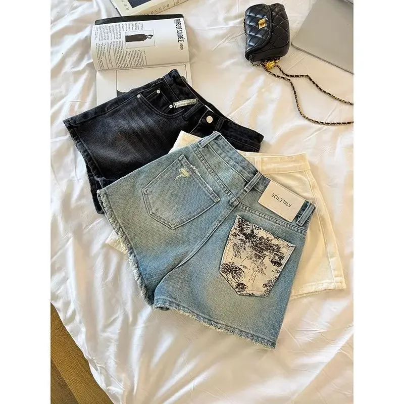 

Лето 2025 г., новые винтажные джинсы в китайском стиле, женские модные шорты с высокой талией, лоскутные шорты большого размера, женская одежда, сексуальные брюки