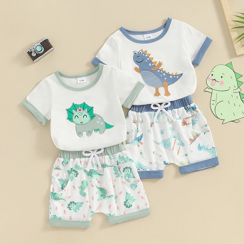 

0-3Y Toddler Infant Boy Summer Clothes Dinosaur Embroidery Short Sleeve T-Shirt with Elastic Waist Shorts 2Pcs Outfit