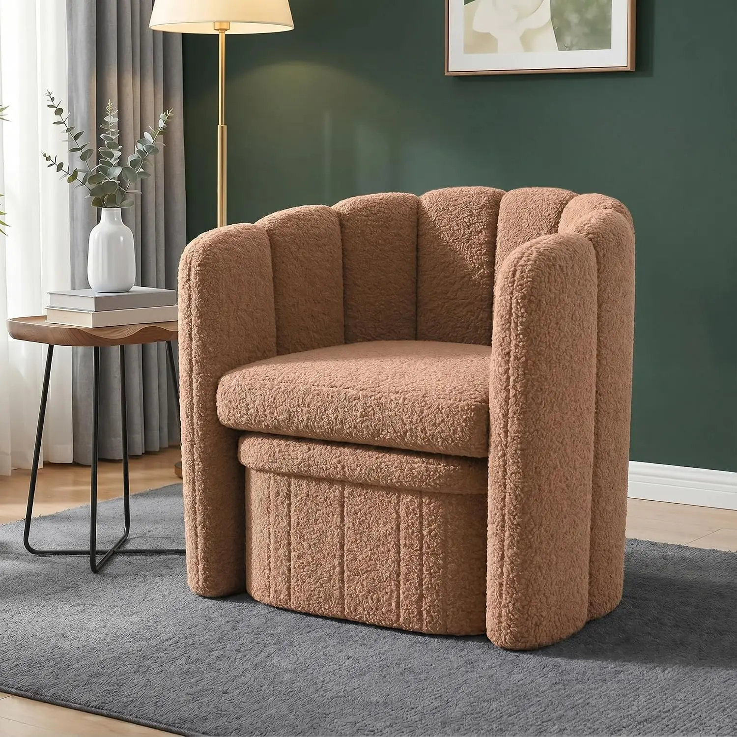 Teddy Fleece Barrel Accent Chair with Storage Ottoman, Khaki, Customized